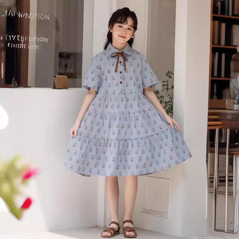 ワンピース キッズ 女の子 小学生 ジュニア 小花柄 総柄 綿 コットン100% 半袖 シャツ襟 ティアードスカート かわいい 春夏 普段使い 通学 お出かけ ブルー