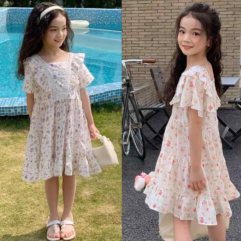 ワンピース 女の子 キッズ 半袖 シフォン 小花柄 プリント ティアード フレア プリンセスドレス ポリエステル 親子コーデ 夏 おしゃれ カジュアル ピンク系 パープル系