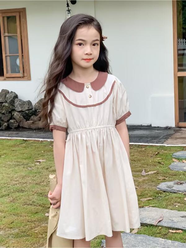 ワンピース ガールズ ジュニア 春夏 ゆったり 半袖 コットンリネン ビッグカラー ウエストマーク ロング丈 スクール風 薄手 柔らかな肌触り 裾切り替え 普段使い 通学 アプリコットカラー