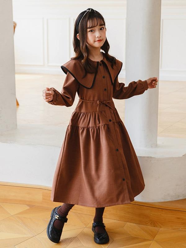 ワンピース 女の子 ジュニア 春秋 無地 英国風 ビッグカラー ウエストマーク シャツワンピース ロング丈 ポリエステル Aライン 長袖 ブラウン カジュアル 通学 お出かけ
