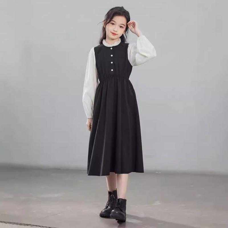 ワンピース 女の子 ジュニア 秋物 韓国風 スクールテイスト 長袖 重ね着風 ウエストマーク ロング丈 切り替えデザイン 上品 エレガント 親子お揃い ポリエステル 通学 普段使い ブラック