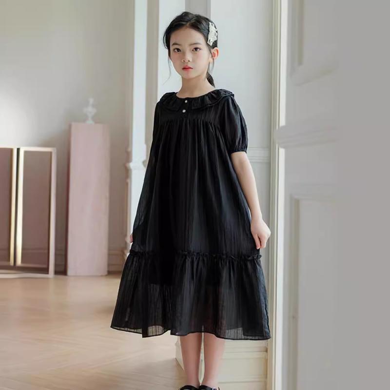 ワンピース 女の子 ジュニア 子供服 夏物 パフスリーブ ロング丈 オフホワイト フレンチスタイル 上品 おしゃれ 個性派デザイン 切り替え レース ナイロン 綿裏地 かわいい 韓国風