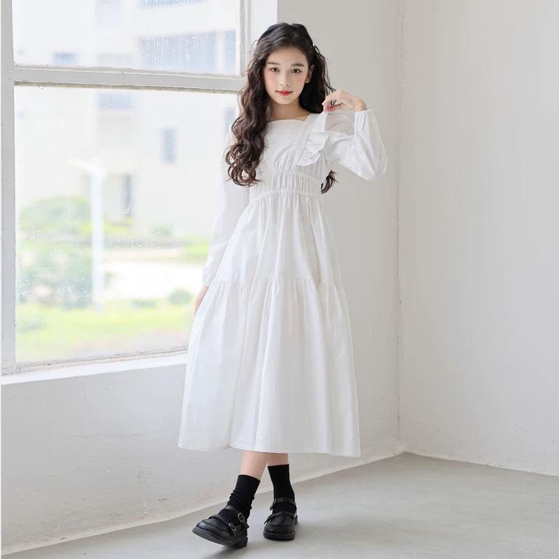 ワンピース 女の子 ジュニア ガールズ 長袖 ロング丈 フリル レース ウエストマーク コットン 綿混 白 ホワイト レトロ 上品 きれいめ Aライン ふんわり かわいい 秋 冬 春 カジュアル お出かけ 子供服 ドレス 発表会 フォーマル 肌触り良い