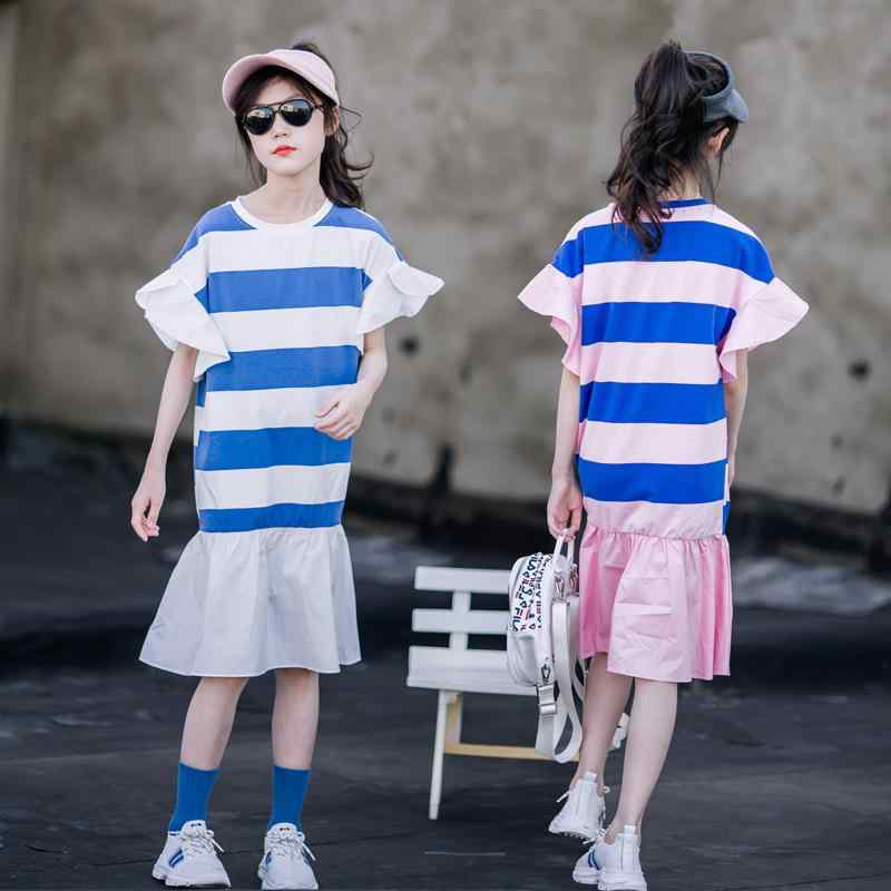 ワンピース キッズ 女の子 韓国風 半袖 フリル ストライプ柄 ロング丈 スウィート お嬢様風 上品 かわいい 綿素材 春夏 カジュアル 普段使い お出かけ ブルー ピンク