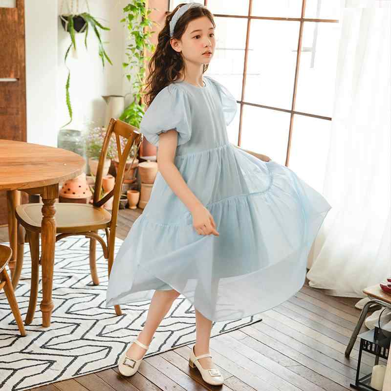 ワンピース 女の子 キッズ ジュニア 夏 春夏 フレンチ 韓国風 パフスリーブ バルーンスリーブ Aライン オーガンジー ポリエステル ライトブルー プリンセスドレス かわいい おしゃれ お出かけ 子供服 140cm 150cm 160cm
