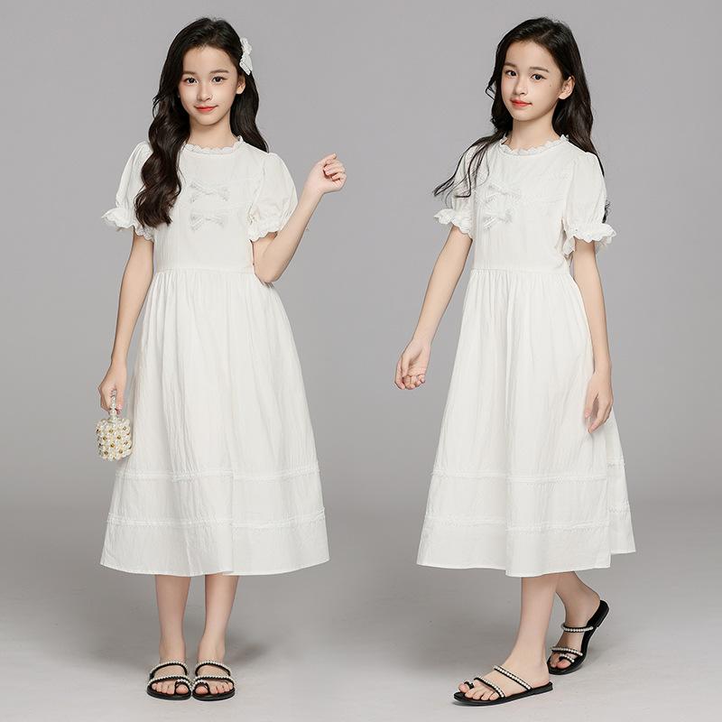 ワンピース キッズ 女の子 春夏 綿 レース リボン プリンセスドレス Aライン 韓国風 おしゃれ かわいい 上品 お出かけ 発表会 フォーマル 白 ホワイト コットン