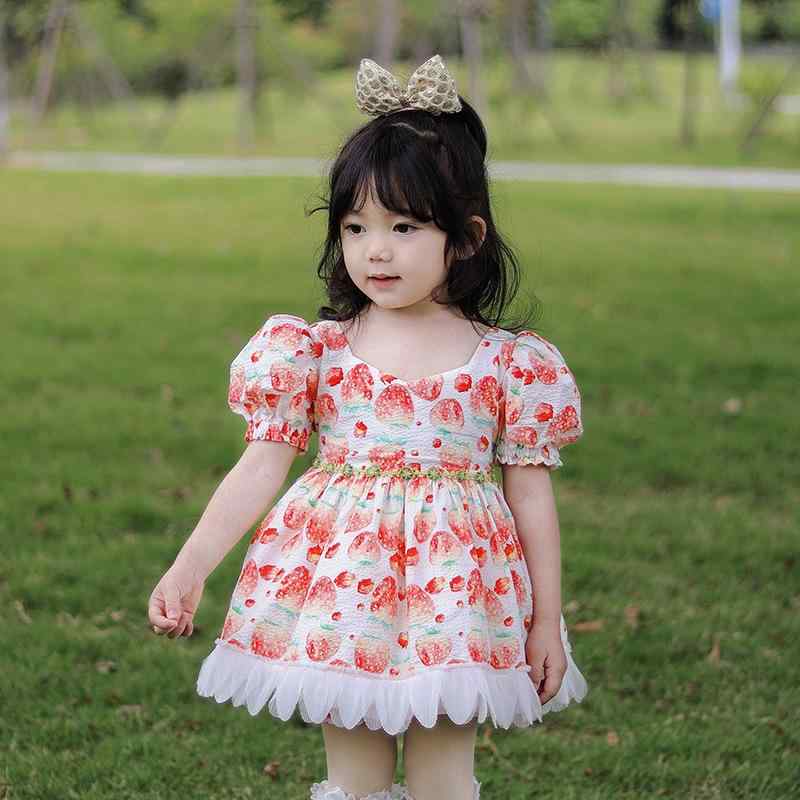 ワンピース 女の子 キッズ ベビー 夏 半袖 いちご 小花柄 プリンセス Aライン かわいい シフォン ポリエステル コットン裏地 韓国風 お出かけ オレンジ 3-8歳