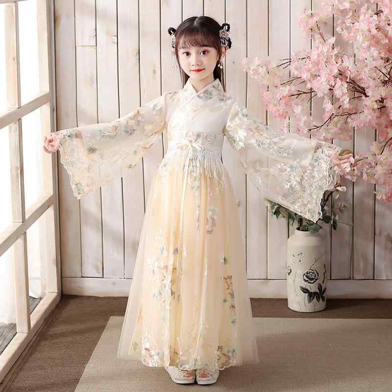 ワンピース 女の子 子供用 中国風 漢服 唐装 古風 仙女風 レース フリル リボン プリンセス 裏地付き ポリエステル シャンパンカラー 民族衣装 イベント 発表会 舞台衣装 ドレス 春秋