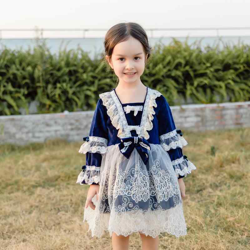ワンピース 女の子 ベビー ロリータドレス 秋冬 ベロア レース リボン ボリュームスカート 発表会 パーティー プリンセス 長袖 ダークブルー ポリエステル コットン裏地