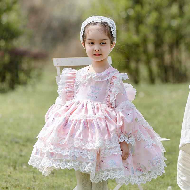 ワンピース 女の子 キッズ ベビー 幼児 子供服 ロリータ プリンセスドレス 姫系 キャラクター かわいい ふわふわ ボリューム チュール Aライン 長袖 春秋 ポリエステル 綿 ピンク お誕生日 パーティー 発表会 柔らかな肌触り
