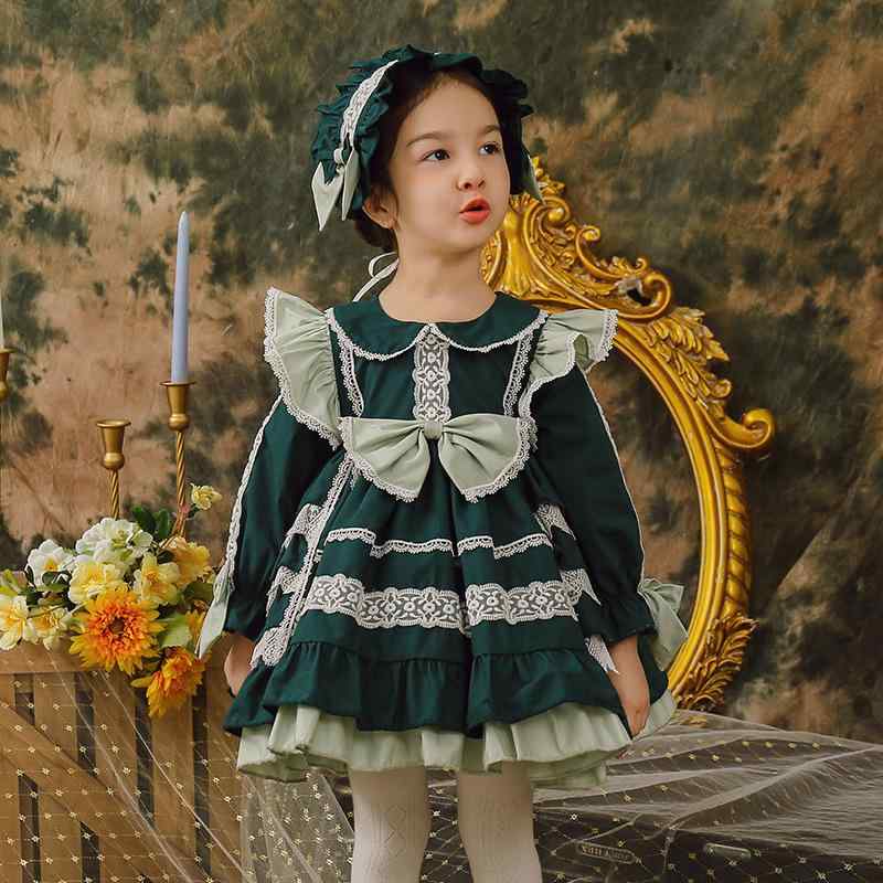 ワンピース キッズ 女の子 ロリータファッション プリンセスドレス お姫様ドレス スペイン風 ふんわり ボリューム Aラインシルエット レース 長袖 ロングスリーブ コットン 綿 無地 ダークグリーン 発表会 フォーマル 春秋