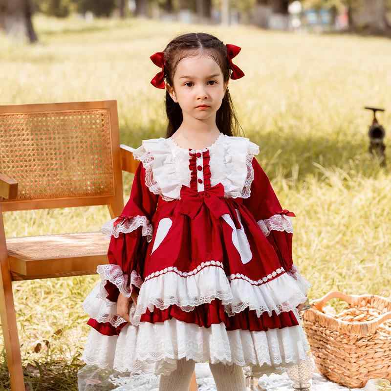 ワンピース 女の子 子供服 ロリータ プリンセスドレス 長袖 ワインレッド ボルドー ふんわり フレア Aライン かわいい フォーマル コットン 綿100% 肌に優しい 発表会 誕生日 パーティー お呼ばれ お出かけ 春秋 ガールズ
