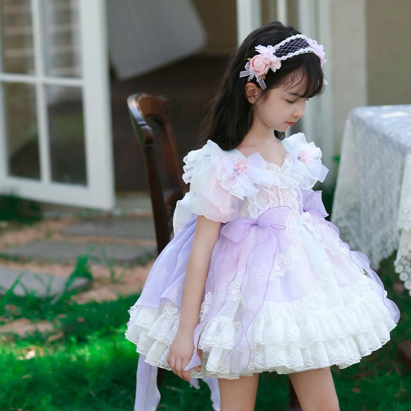ワンピース 女の子 キッズ ロリータ 花の妖精 プリンセスドレス パフスリーブ ふんわりチュール ティアード かわいい ポリエステル繊維 紫色 夏 発表会 パーティー フォーマル