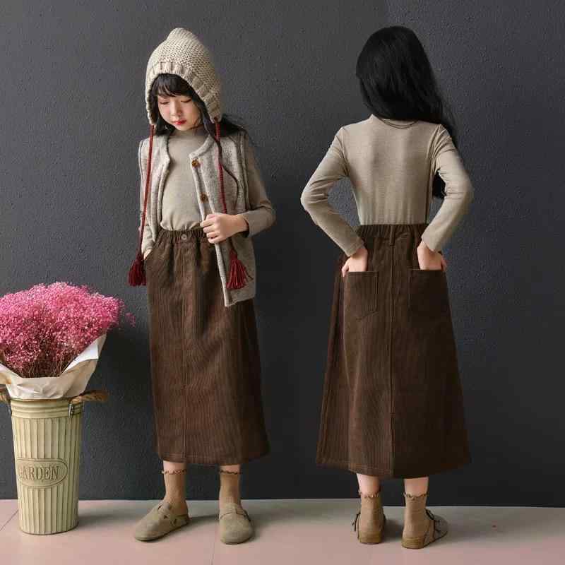スカート 女の子 ジュニア コーデュロイ ミモレ丈 秋冬 ハイウエスト Aライン レトロ ストレート おしゃれ かわいい 普段着 通学