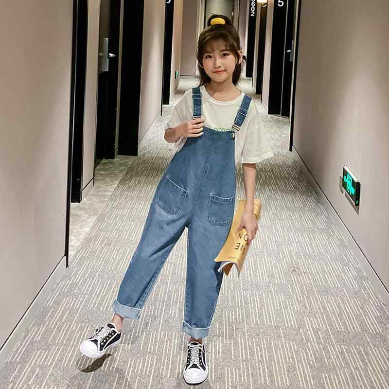サロペット 女の子 キッズ 韓国風 おしゃれ かわいい デニム オーバーオール ウォッシュ加工 春夏 普段使い カジュアル 綿 ブルー ハイウエスト