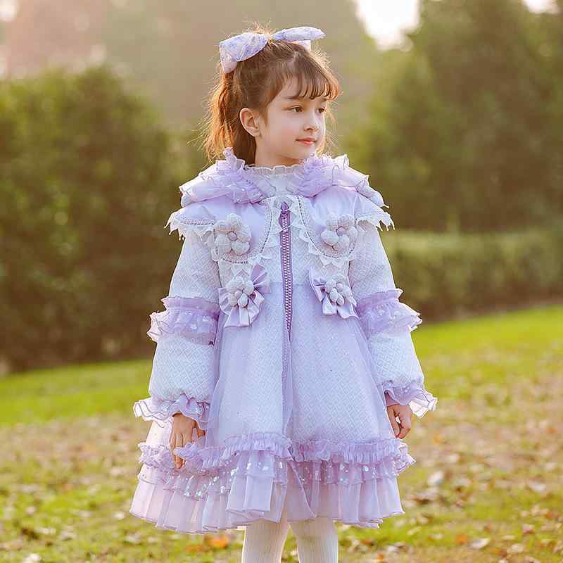ダウンジャケット 女の子 キッズ ベビー ホワイトダックダウン 軽量 薄手 ドリーミー かわいい ロリータ レースフリル 防寒 あったか フード取り外し可能 ミドル丈 冬物 ゆったり パープル ポリエステル 8,246円