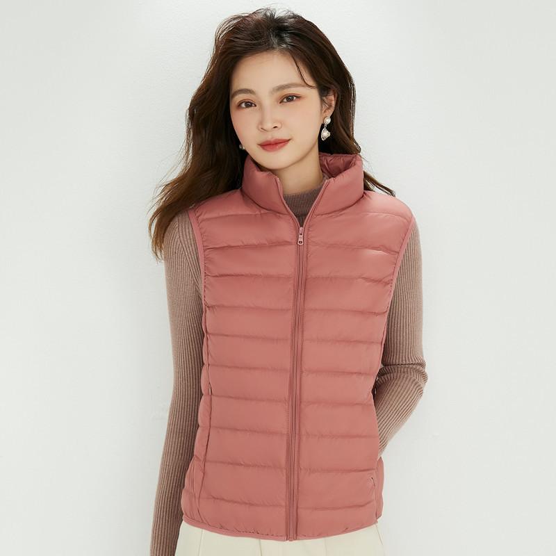 ダウンベスト レディース 女性用 秋冬 軽量 ショート丈 スタンドカラー ノースリーブ スリムフィット ホワイトダックダウン ジップアップ ポリエステル 通勤 オフィス 普段使い カジュアル