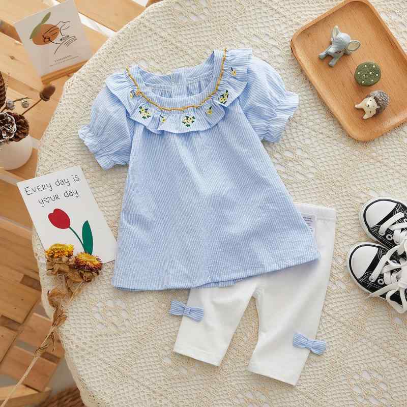 キッズ 女の子 セットアップ 夏 半袖 Tシャツ クロップドパンツ 2点セット 爽やか ブルー 綿混 再生繊維 接触冷感 涼しい 韓国風 カジュアル 普段着