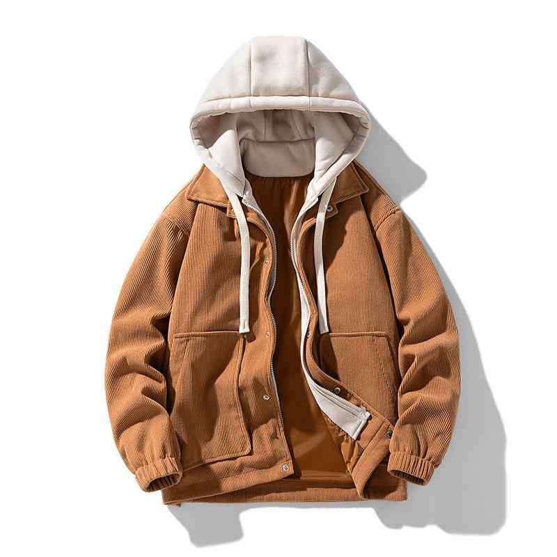 パーカー メンズ コーデュロイ フード付き ジップアップ フェイクレイヤード 裏起毛 厚手 防寒 ゆったり ビッグシルエット 日系 香港スタイル カジュアル アウター ジャケット 秋冬