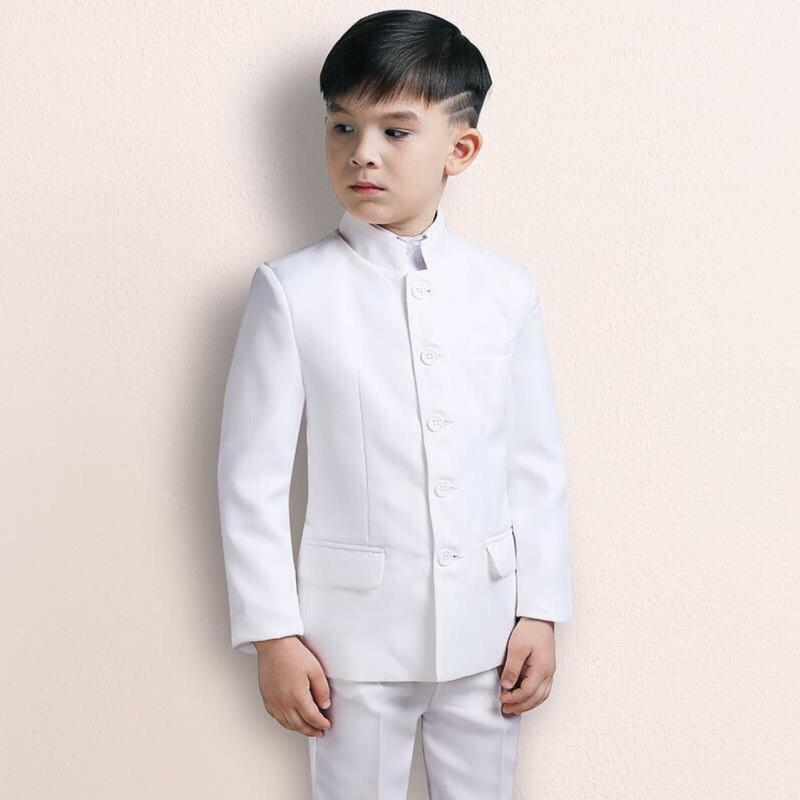 キッズ 男の子 中華風 中山服 礼服 発表会 フォーマル 結婚式 卒業式 入学式 スタンドカラー 長袖 スリムフィット 無地 2点セット パンツスーツ ポリエステル混紡 アイボリー ブラック 春夏