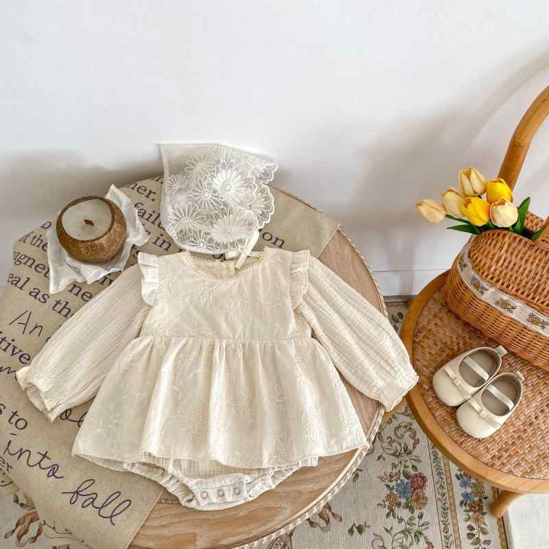 ロンパース 女の子 ベビー 子供服 赤ちゃん 0-3歳 長袖 フリル袖 刺繍 レース スカート一体型 綿100% カバーオール 連体服 春秋 普段使い お出かけ かわいい アプリコット