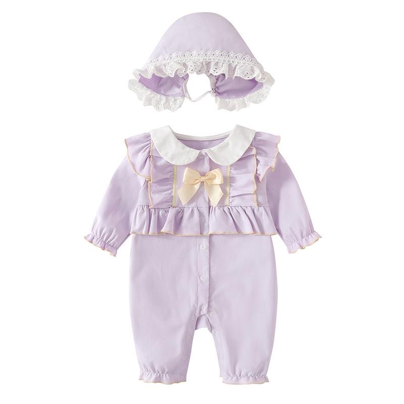 ロンパース 女の子 ベビー 赤ちゃん 新生児 春秋 プリンセス風 長袖 綿 コットン パープル 紫 カバーオール 普段着 部屋着 カジュアル 快適 安心安全