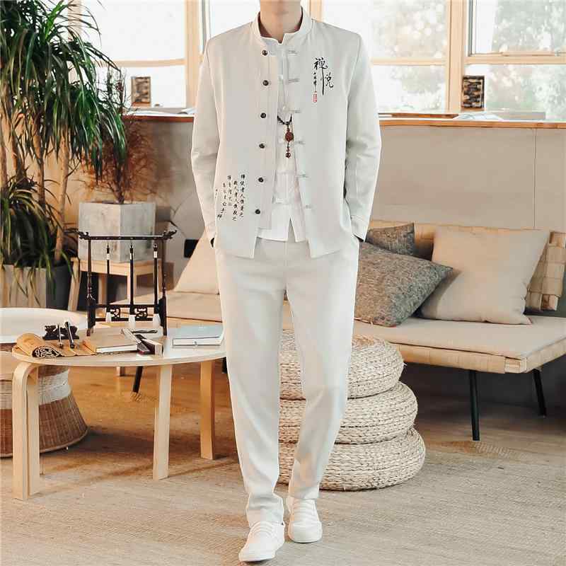 メンズ スーツ 春夏 中国風 スタンドカラー スリムフィット 2点セット カジュアル 男性用 セットアップ ジャケット パンツ 綿混 ブラック オフホワイト
