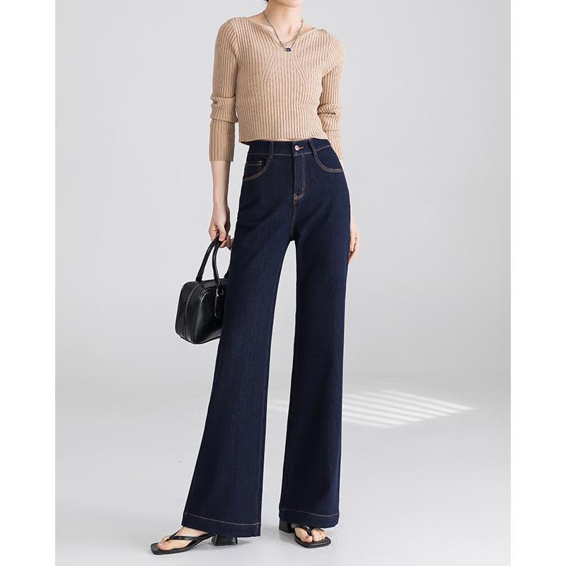 デニムパンツ レディース ハイウエスト ゆったり ブーツカット ストレッチ 伸縮性 細見え 脚長効果 コットン混 カジュアル ダークブルー フレンチシック 秋冬