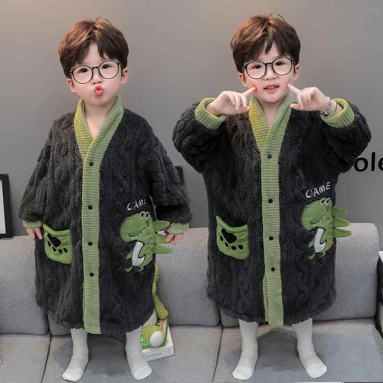 ルームウェア キッズ 男の子 サンゴフリース 厚手 恐竜柄 キャラクター かわいい 秋冬 パジャマ バスローブ 開襟ガウン グレー 3歳 8歳