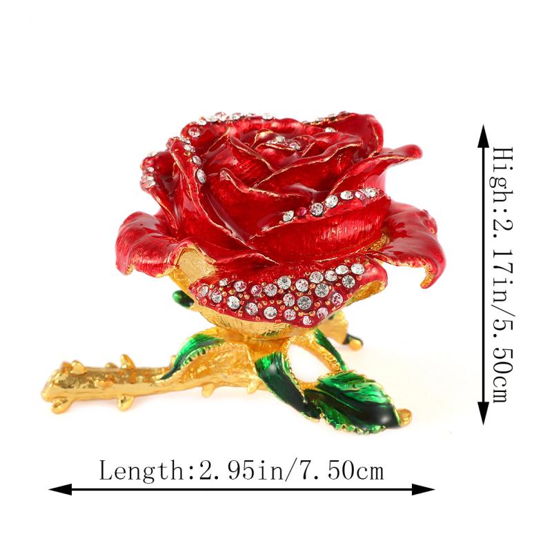 アクセサリーケース 琺瑯 ローズ 花 収納 ラインストーン装飾 高級感 モダン アート 合金製 インテリア 置き物 卓上 レッド ピンク