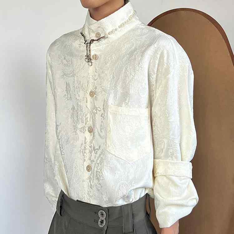 シャツ メンズ ネオチャイナ風 レトロ 刺・墸 ジャカード スタンドカラー 開襟 長袖 ビッグシルエット ウール混 ユニークデザイン 春秋 普段使い カジュアル トップス
