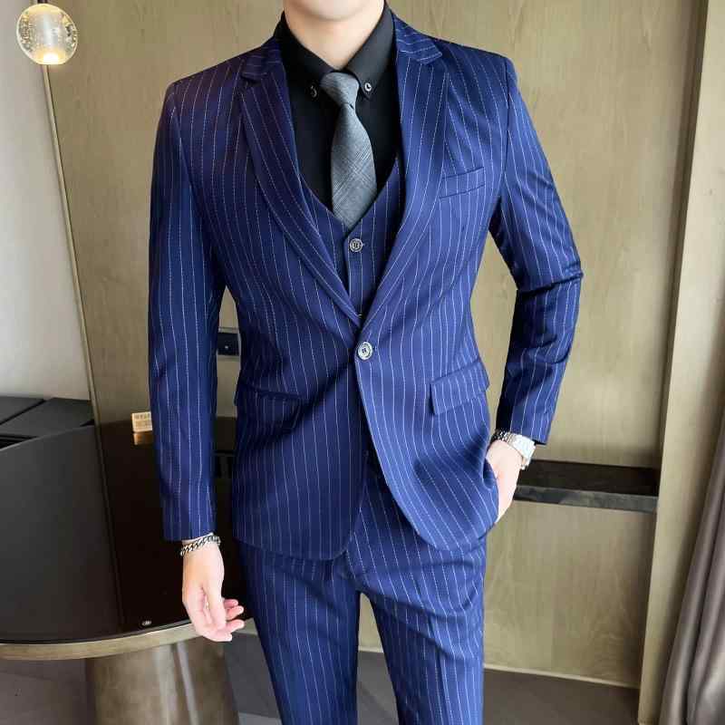スーツ メンズ スリーピース セットアップ ストライプ フォーマル 礼服 ステージ衣装 司会 パーティー 宴会 イベント 男性用 スリムフィット 混紡素材