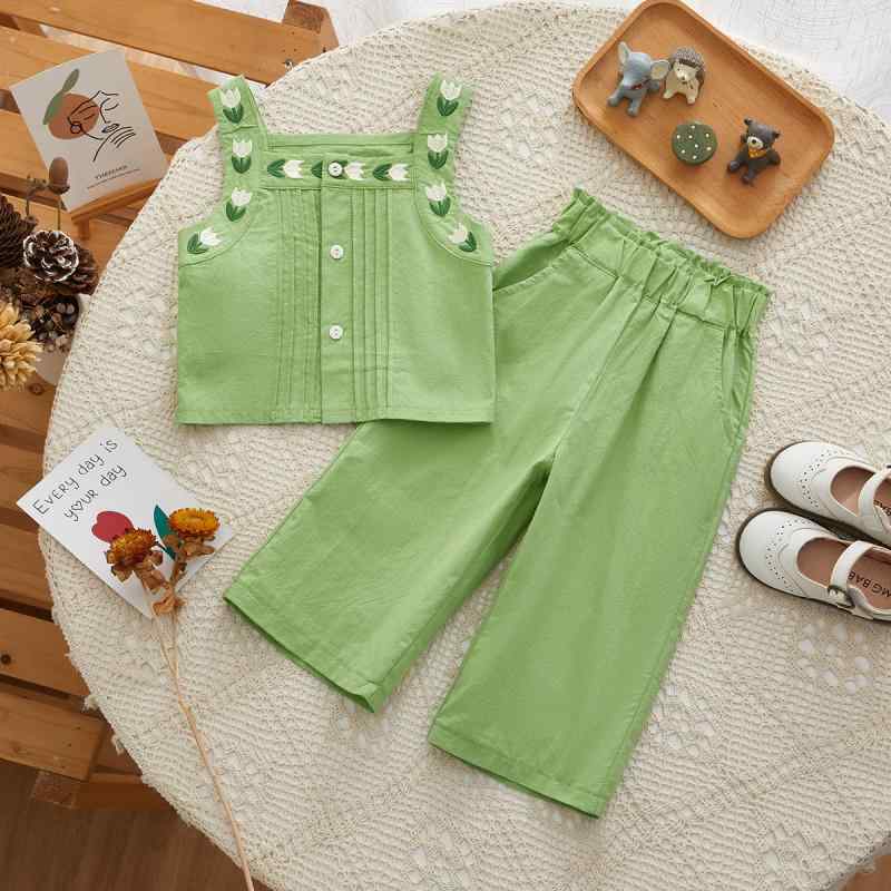 キッズ 女の子 セットアップ 夏物 ノースリーブ サロペット ロングパンツ 2点セット 薄手 綿 無地 かわいい グリーン