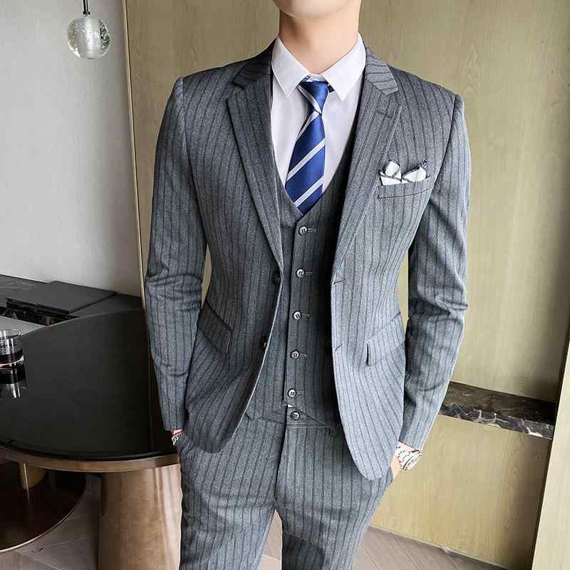 スーツ メンズ 男性用 スリーピース セット スリムフィット ストライプ柄 紳士 ブリット風 韓国風 コットン 春秋 カジュアル ライトビジネス 結婚式 披露宴 黒 灰色|花りぼん
