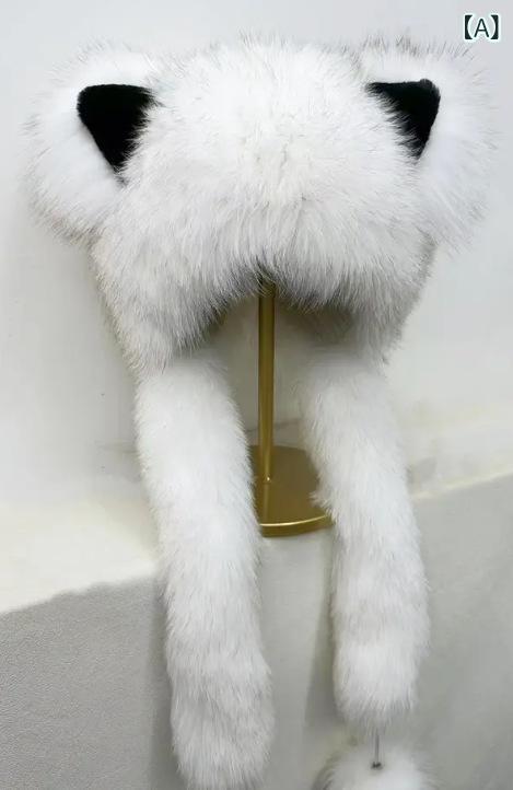 帽子 かわいい 猫耳 フォックスファー 天然毛皮 マフラー一体型 耳当て付き 伸縮性 防寒 保温 あったか ハット 秋冬 お出かけ アウトドア 8,352円