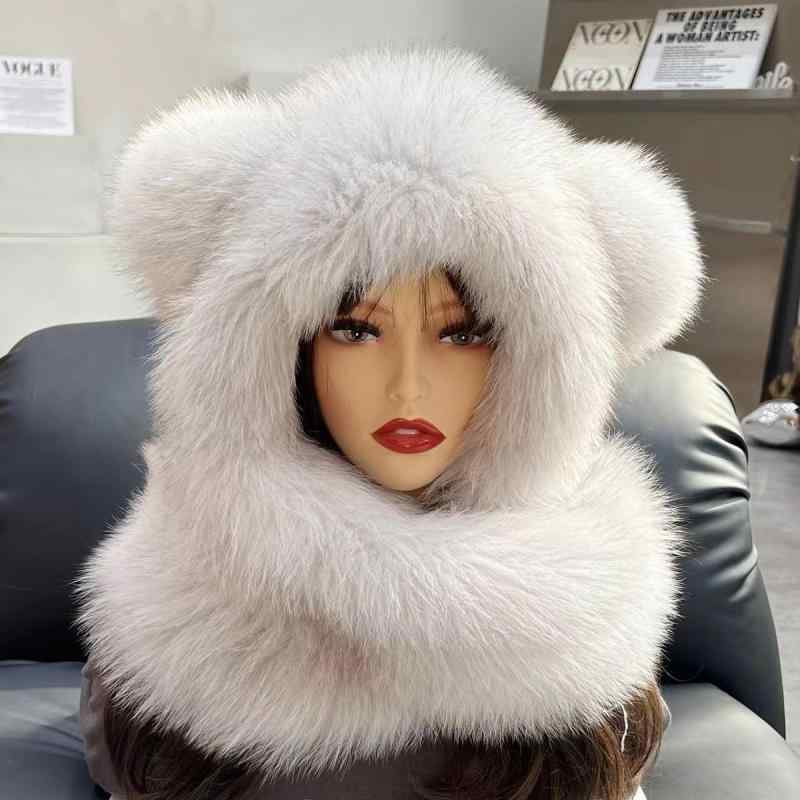 帽子 レディース かわいい クマ リアルフォックスファー マフラー ネックウォーマー付き 一体型フード 防寒 防風 アウトドア 暖かい 2WAY 秋冬