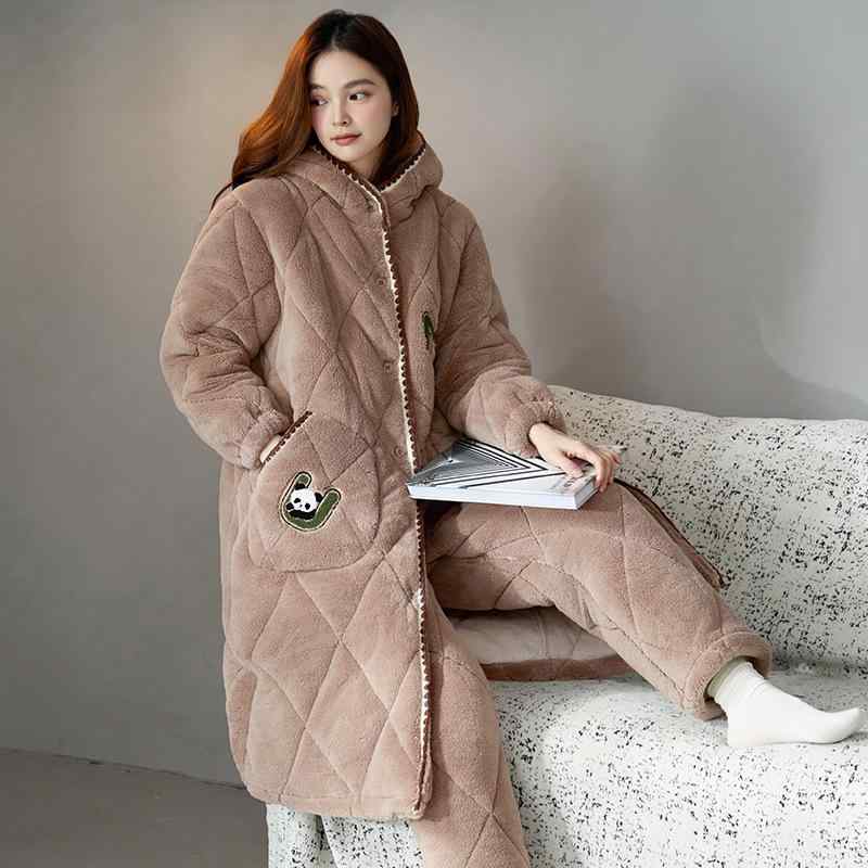 お部屋お召しもの レディース 化粧着 衣装 ボンネット付き添い人 三層 中綿入り口・入口 超朦々たる サンゴフリース 綿ネル ポリエステル あったか 保温 防寒 好いたらしい お部屋着 御休み お風呂売り上げ金 伸び伸びする 冬