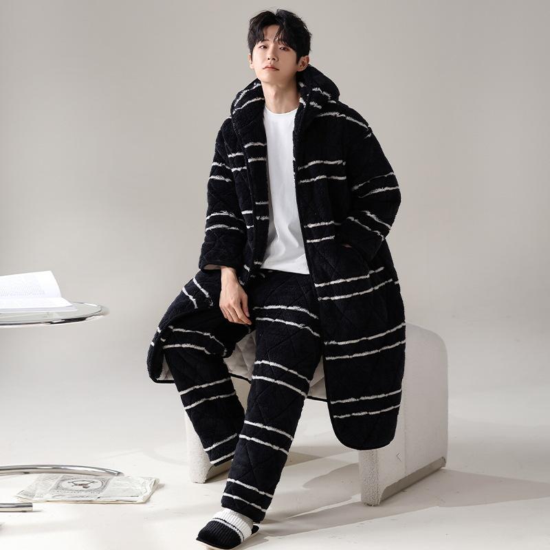 お部屋お召しもの メンズ パジャマ サンゴフリース ポリエステル 三層中綿 超朦々たる ボンネット付き添い人 化粧着 前食い違い セットアップ 冬春 生あたたかい 防寒 好いたらしい お部屋着 ワンマイルウェア