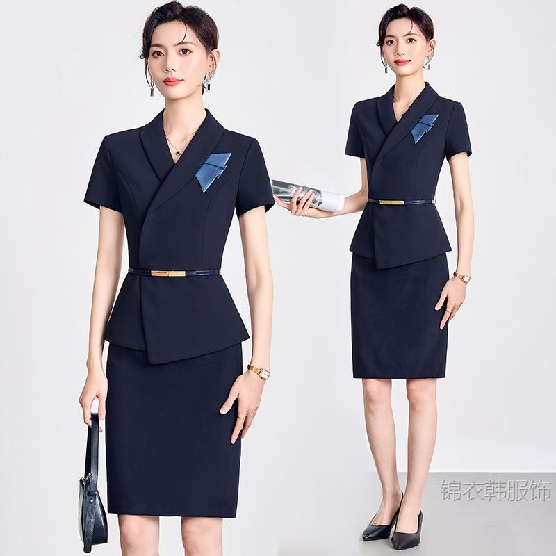 スーツ レディース 半袖 セットアップ 夏 薄手 軽量 ビジネス オフィス 通勤 フォーマル 接客 事務服 制服 ユニフォーム 高級感 無地 エレガント Aライン ショート丈 ネイビー グレー ブラック