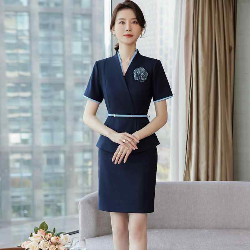 スーツ レディース ビジネス オフィス ホテル受付 宝飾店販売員 制服 ユニフォーム 薄手 半袖 Vネック ポリエステル スリムフィット 無地 通勤