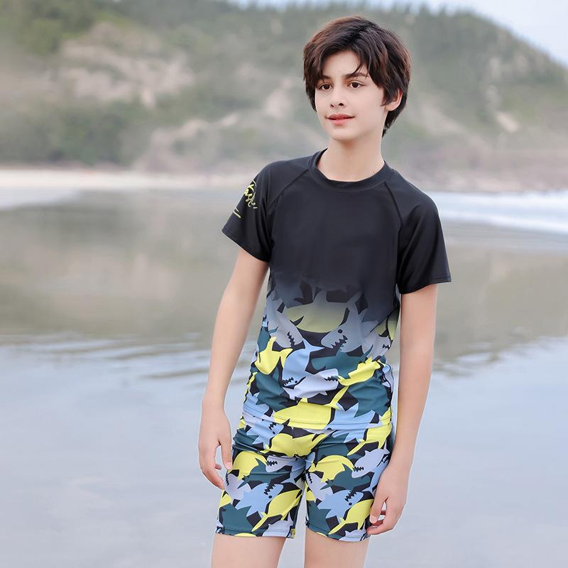 水着 キッズ 男の子 セパレート スイムウェア UVカット 日焼け防止 小中学生 ジュニア ティーン 大きいサイズ スイムパンツ プール 海水浴 水泳 ナイロン ポリエステル イエロー ブラック