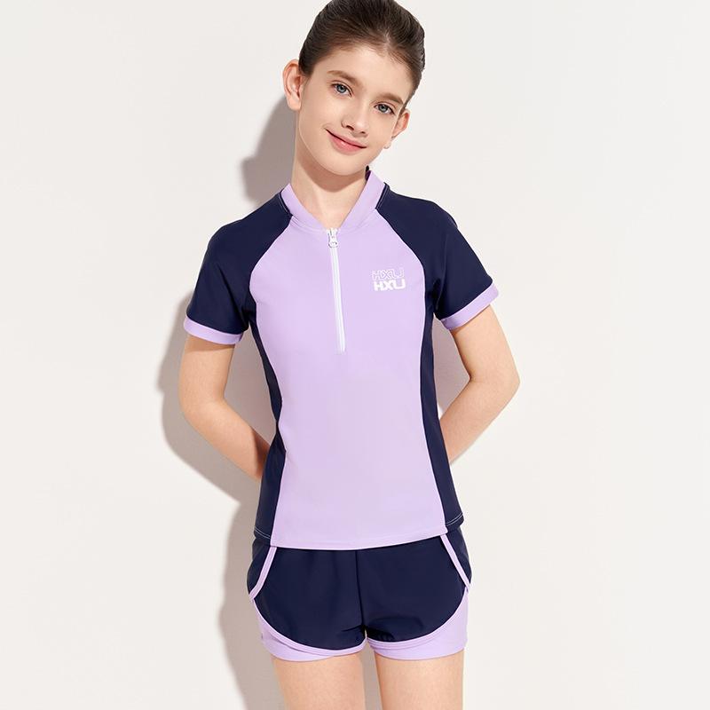 Girls' Swimsuit, Junior, Elementary/Middle School Ages 7-12, Separated, School Style, Nylon, for Pool and Beach, Korean Style, Pink, Purple, Off-White