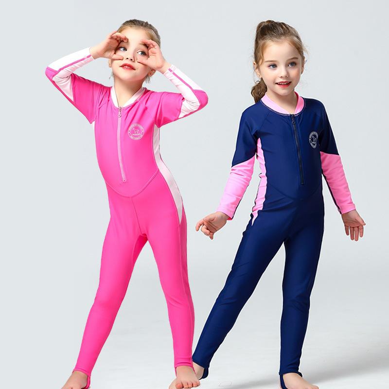 スイムウェア キッズ 女の子 子供 長袖 ラッシュガード オールインワン 水着 UVカット 紫外線対策 速乾 吸湿速乾 伸縮性 足掛け付き スイミング プール シュノーケリング ナイロン ポリエステル ピンク ブルー