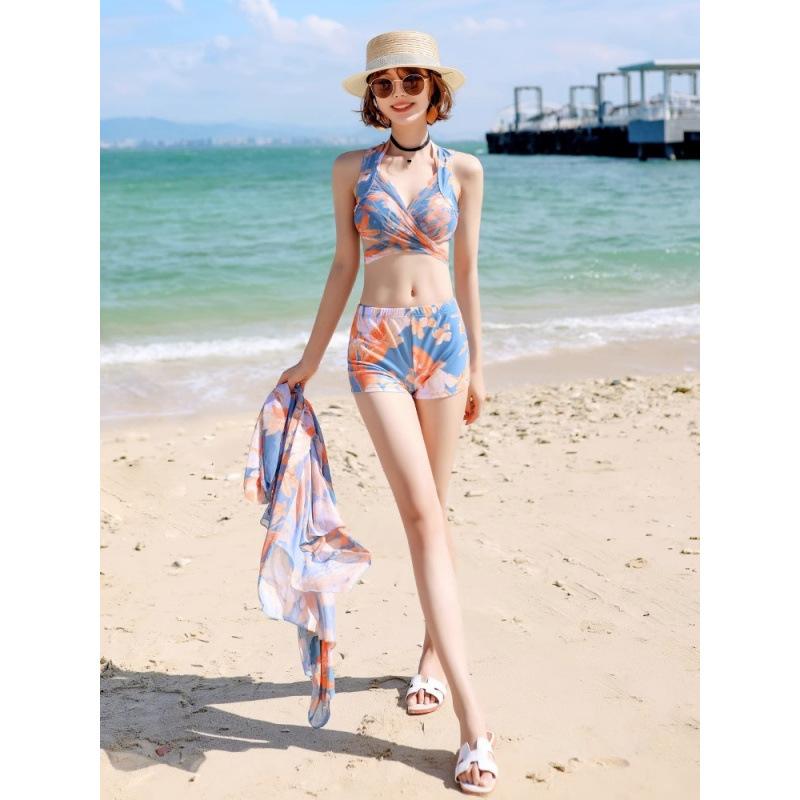 水着 レディース ビキニ セパレート 3点セット 体型カバー 細見え セクシー 小胸向け 谷間メイク バストアップ ノンワイヤー 胸パッド付き 温泉 プール 海 リゾート 春夏 ブルー系