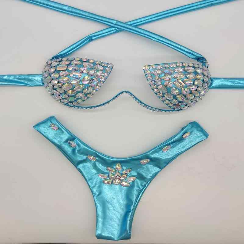 水着 レディース ビキニ 鮮やかカラー ジルコニア装飾 ワイヤー入り パッド付き ナイロン スパンデックス フィットネス プール ビーチ 夏 三角パンツ