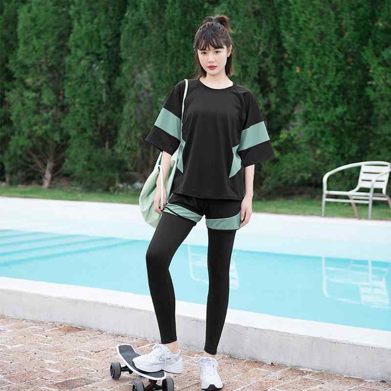 水着 レディース 大きいサイズ セパレート 体型カバー お腹カバー 着痩せ ゆったり ロングパンツ ポリエステル 無地 カップ付き 半袖 温泉 プール リゾート ブラック