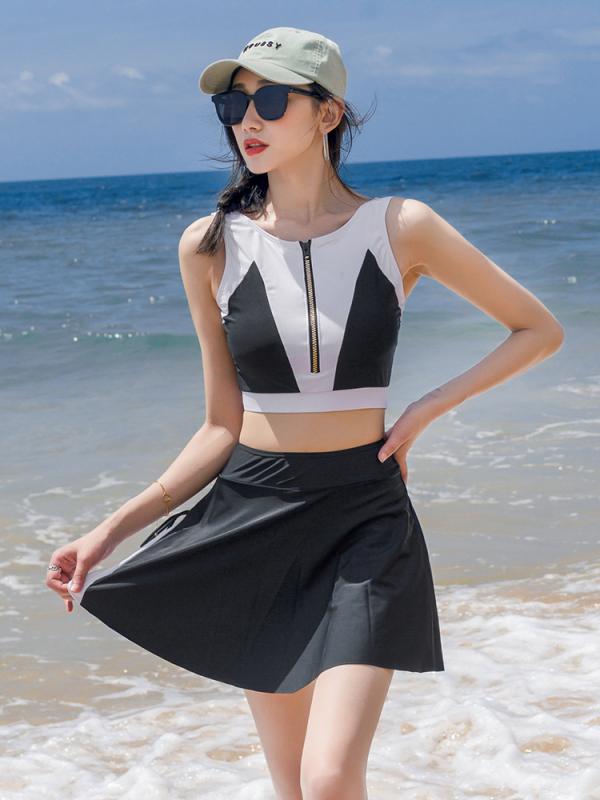 水着 レディース セパレート ツーピース 体型カバー ショートパンツ ワイヤー入り スパ 温泉 プール ビーチ リゾート 韓国風 ポリエステル スパンデックス ブラック 春夏