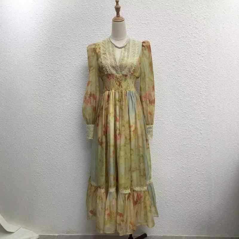ワンピース レディース フレンチロマンティック 花柄 プリント Vネック レース切り替え ウエストマーク ロング丈 Aライン ランタンスリーブ 着痩せ 体型カバー リゾート バカンス ビーチ 春夏 ポリエステル ドレス|花りぼん