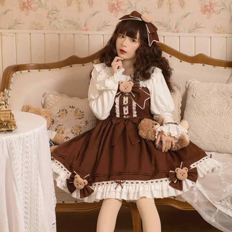 衣装 レディース ロリータ JSK前掛けスコート ムースベアベアデザイン 一風変わった 置き目品 可愛らしい レトロ 御姫様伝達ルート ご機嫌酉の方角 うつり変わり シュロの葉 綿織物 ミモレ丈 春夏秋