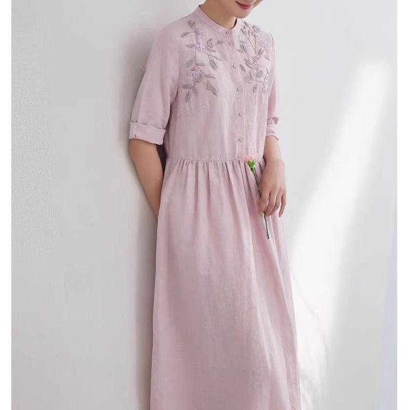 ワンピース レディース 春夏 綿麻 リネン 高級感 刺・墸 文芸レトロ ミモレ丈 Aライン セミハイネック 七分袖 花柄 ボタニカル ポケット付き ゆったり ルーズフィット オフピンク カジュアル ドレス 女性用